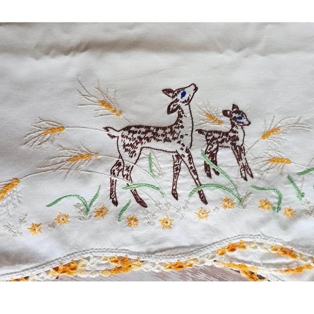 Pair~DEER Fawn Vintage White Cotton Hand Embroidered Pillowcases